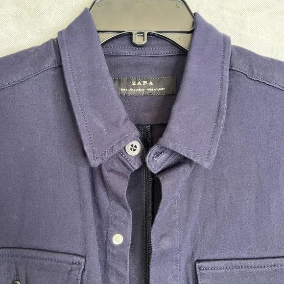 Zara Navy Blue Snap Button Front Casual Twill Jacket Size Medium - Picture 3 of 9